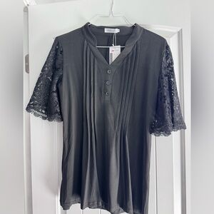 Hocosit Black Blouse with Lace Sleeves